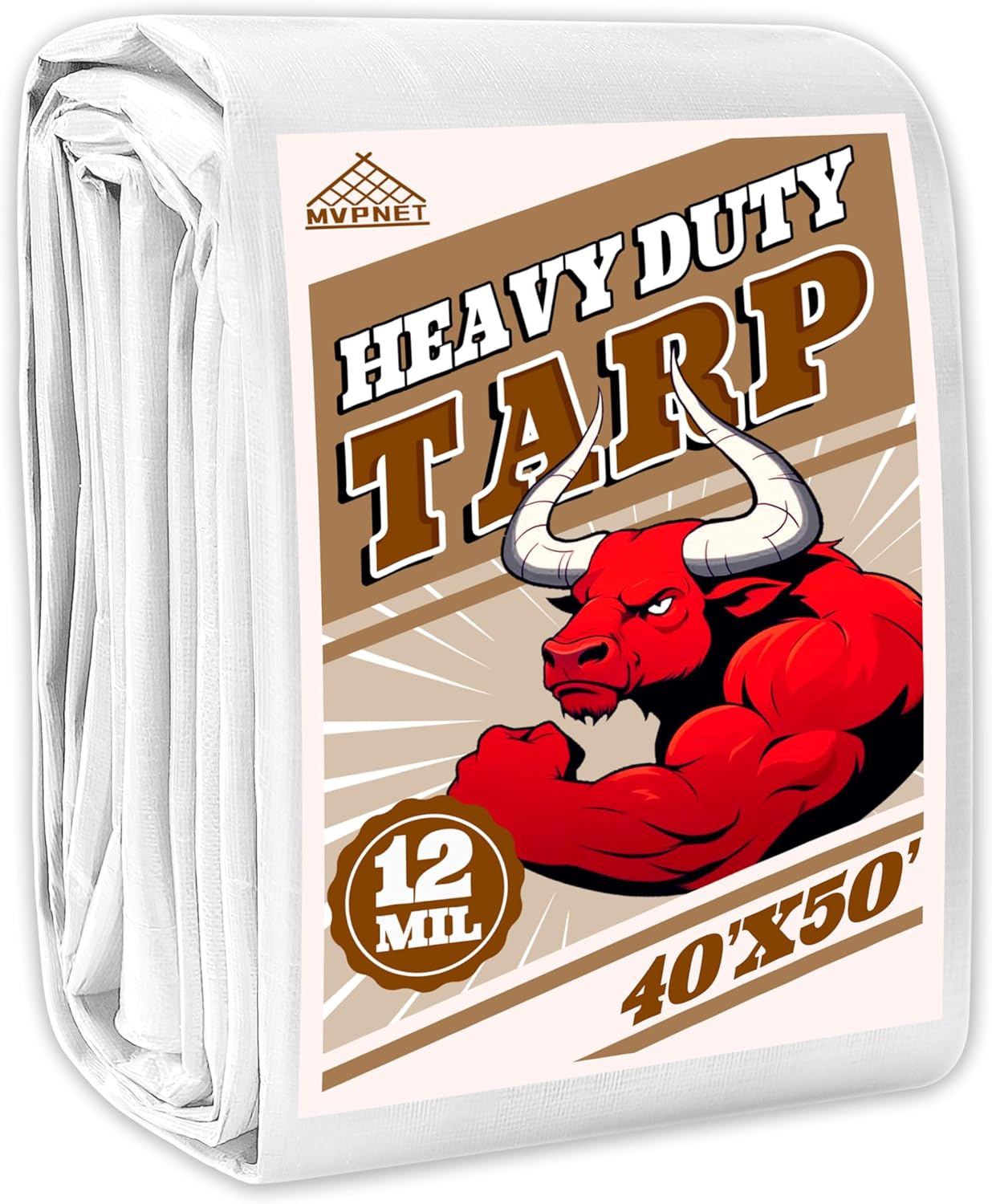 Tarp 40x50 ft Heavy Duty 12mil 100% Waterproof High Durability Multipurpose,Uv Resistant,White Tarp Suitable for Swimming Pools, Boats, Camping, Courtyards, Etc -by MVPNET