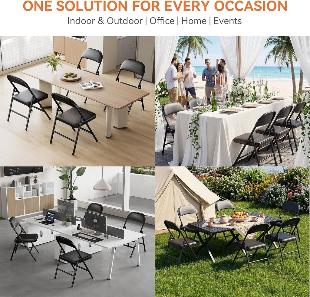 Upgrade 18% Thicker 6 Pack Folding Chair with Cushion | Heavy Duty Folding Chair for Outside and Indoor Leather Padded Folding Chairs Durable Steel Frame for Home and Office Party