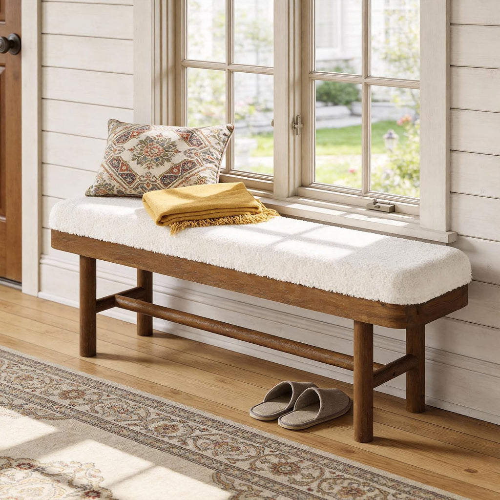 55-Inch Solid Wood Entryway Bench, Rustic Upholstered Bench, Modern Dining Bench with Cushion for Entryway, Dining Room, Mudroom, Porch, Easy Assembly, White & Brown