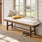 55-Inch Solid Wood Entryway Bench, Rustic Upholstered Bench, Modern Dining Bench with Cushion for Entryway, Dining Room, Mudroom, Porch, Easy Assembly, White & Brown