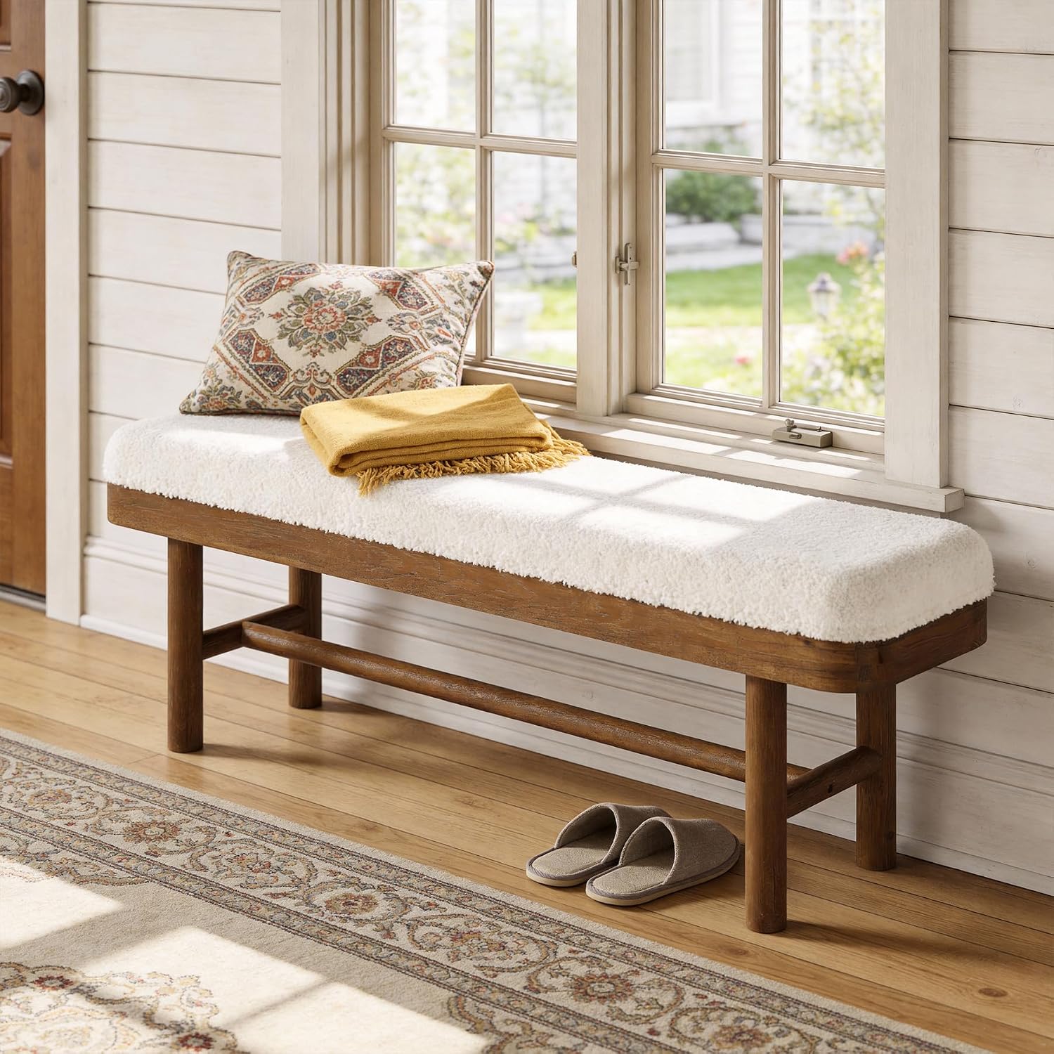 55-Inch Solid Wood Entryway Bench, Rustic Upholstered Bench, Modern Dining Bench with Cushion for Entryway, Dining Room, Mudroom, Porch, Easy Assembly, White & Brown