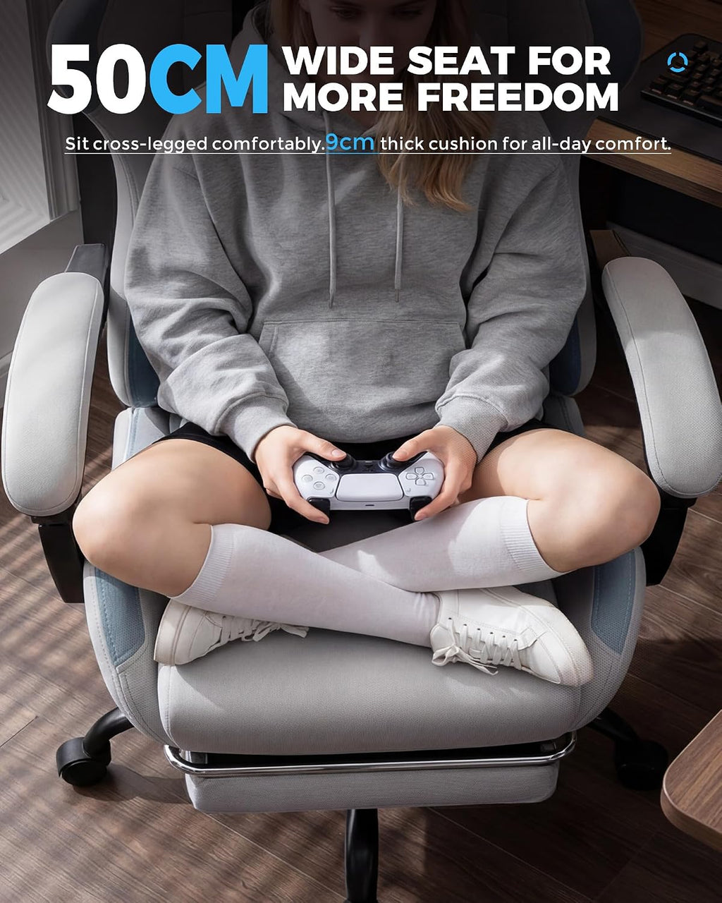 GTPLAYER Gaming Chair Fabric with Pocket Spring Cushion,Computer Office Chair with Lumbar Support for Adults Linkage Armrests and Footrest Ergonomic Gamings Chairs Height Adjustable LightGray