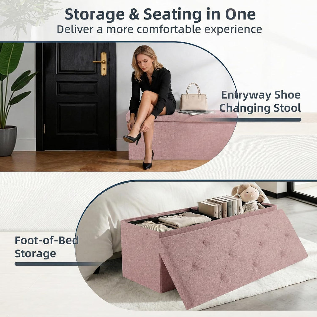 Foldable Storage Ottoman Bench, Storage Chest, End of Bed Foot Rest Stool with Padded Seat, 43 Inch Bedroom Bench for Living Room, Support 660lbs, Pink