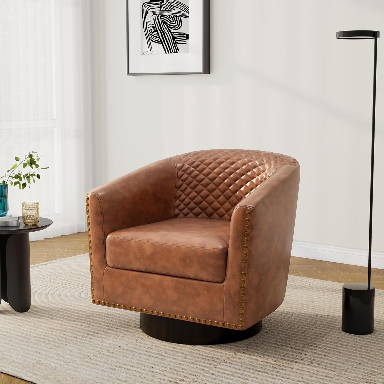 Pia Ricco Swivel Barrel Accent Chairs Set of 2, 360° Swivel Round Single Sofa Chair, Faux Leather Comfy Upholstered Club Armchair with Nailhead Trim for Living Room/Reading Room/Bedroom, Brown