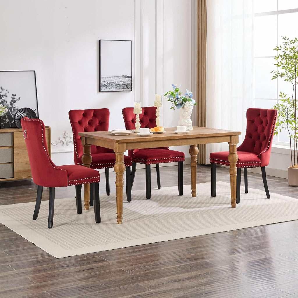 KEIKI Tufted Dining Room Chairs Set of 2, Velvet Kitchen Nailhead Trim Chairs with Solid Wood Legs and Padded Seat, Burgundy