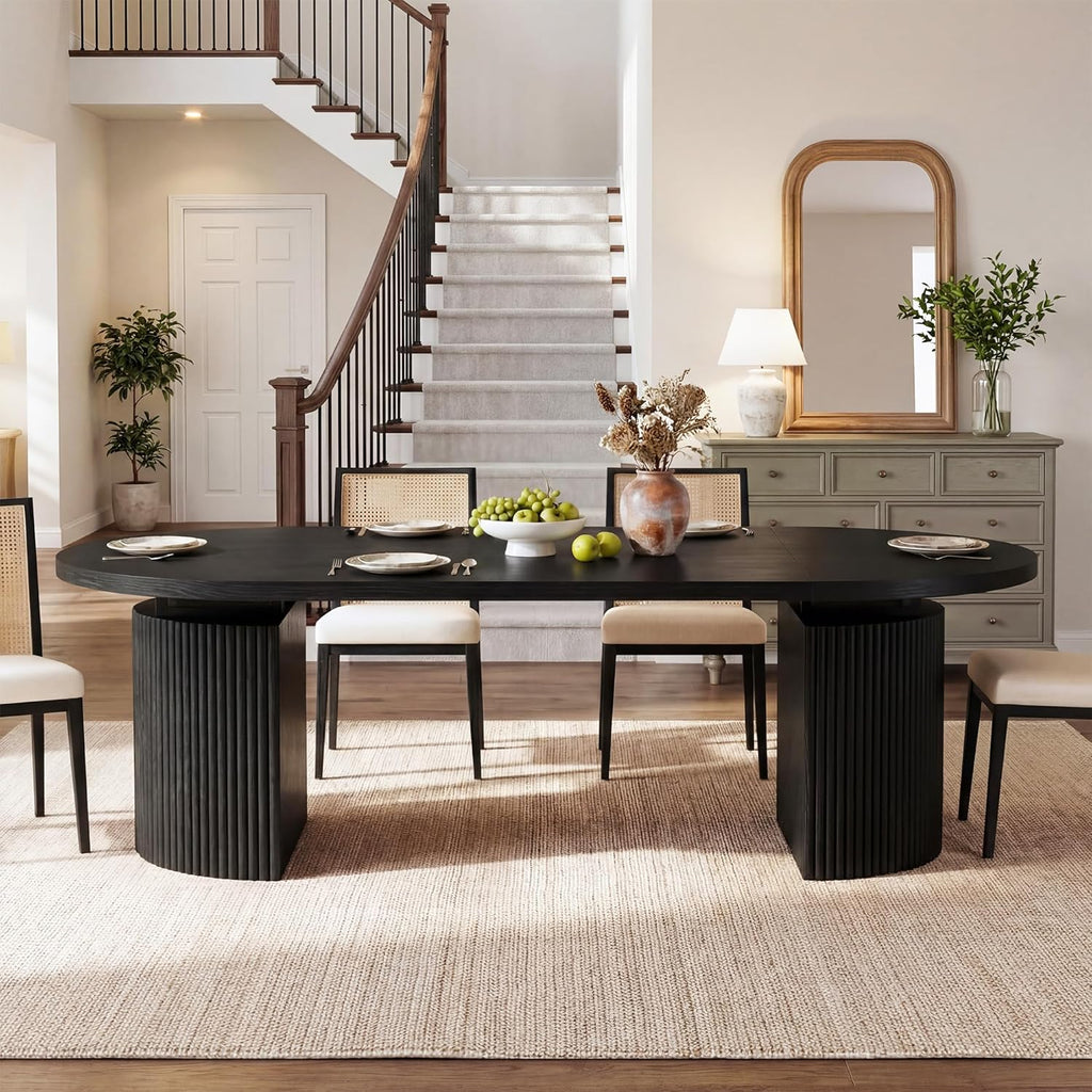 HUAHUU Extendable Round Dining Table for 4-8, 39in-77in Long Large Kitchen Table with Fluted Base, Space Saving Modern Farmhouse Oval Dinner Tables for Dining Room, Kitchen, Living Room, Natural