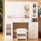 BEWISHOME 49.2" Large Glass Top Vanity Desk with Lighted Mirror and Stool | White Makeup Vanity table with Nightstand,Power Outlet,5 Storage Drawers,3 Lighting Modes,Dressing Table for Bedroom Women