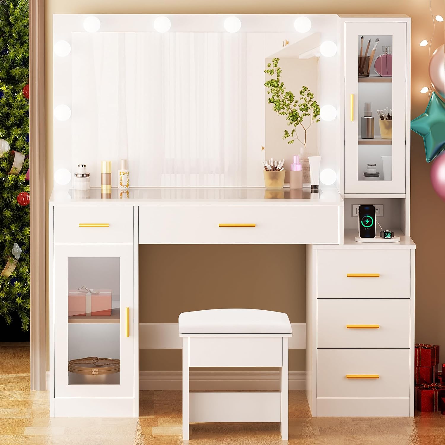 BEWISHOME 49.2" Large Glass Top Vanity Desk with Lighted Mirror and Stool | White Makeup Vanity table with Nightstand,Power Outlet,5 Storage Drawers,3 Lighting Modes,Dressing Table for Bedroom Women