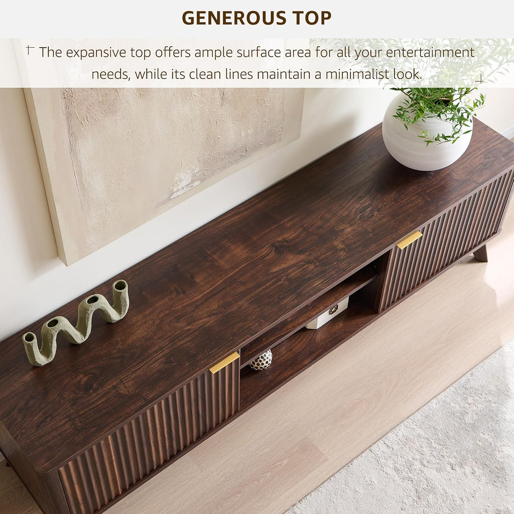 OKD 70" Mid Century Modern Fluted TV Stand w/ 2 Soft Close Door,Dark Walnut | Entertainment Center, Sideboard, Media console for Living Room with Adjustable Shelves