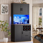 Unikito 72" Tall Kitchen Pantry Cabinet with LED Light & Power Outlet | Black and Rustic, Coffee Bar Hutch with Microwave Stand, Wine Rack, Drawers, Storage Shelves Cupboard for Dining Room