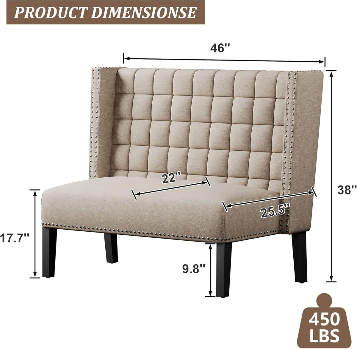 Andeworld Modern Loveseat Settee Bench Sofa Couch, Upholstered Banquette Dining Bench with Back for Dining Living Room Hallway or Entryway Seating,Putty