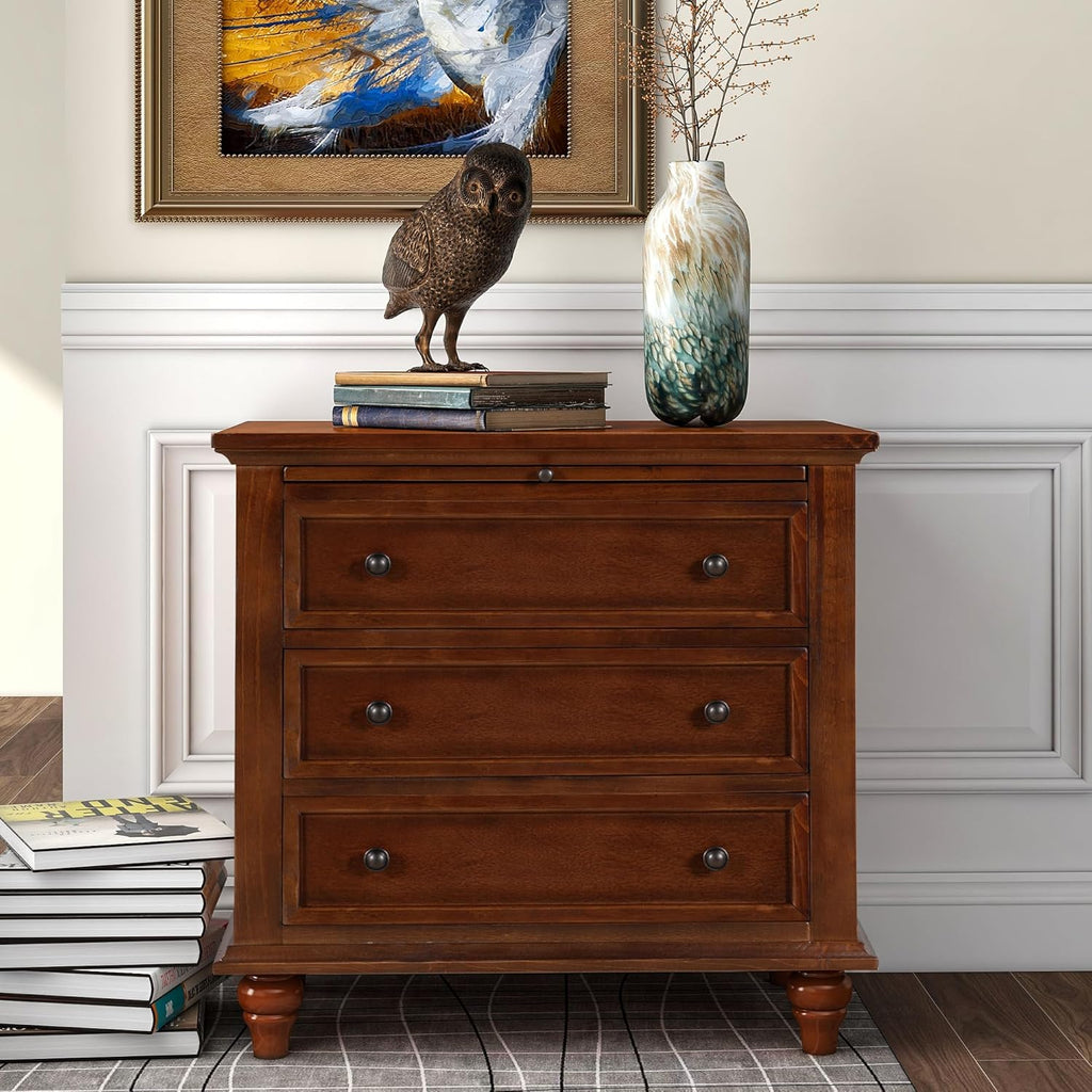3-Drawer Storage Wood Cabinet, End Table Set of Two with Pull Out Tray,Nightstand with 4 Round Wood Legs,for Bedroom LivingRoom Office Study (Brown@3)