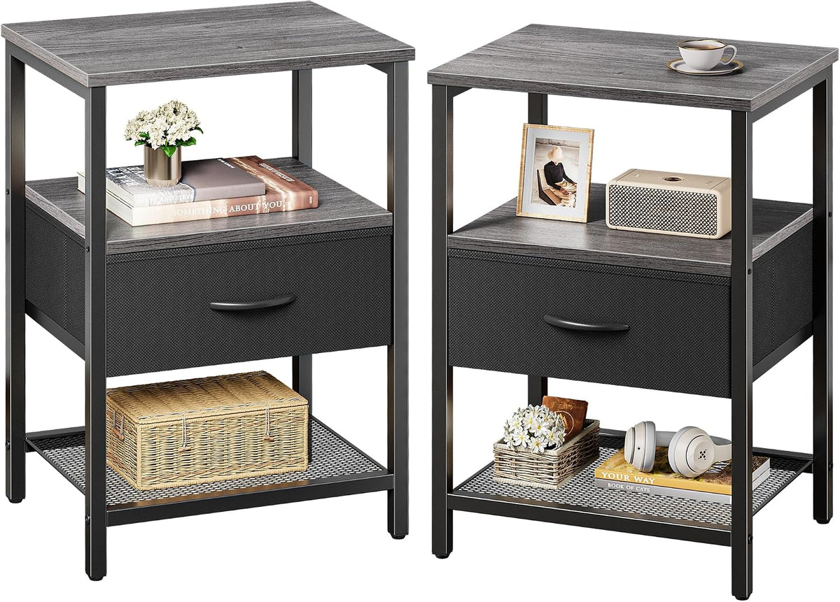 Huuger Nightstand Set of 2, Night Stand with Fabric Drawer, Mesh Shelf, Side Table with Storage, Fabric Drawer Dresser, Open Shelf, Metal Frame, Bedroom, Charcoal Gray