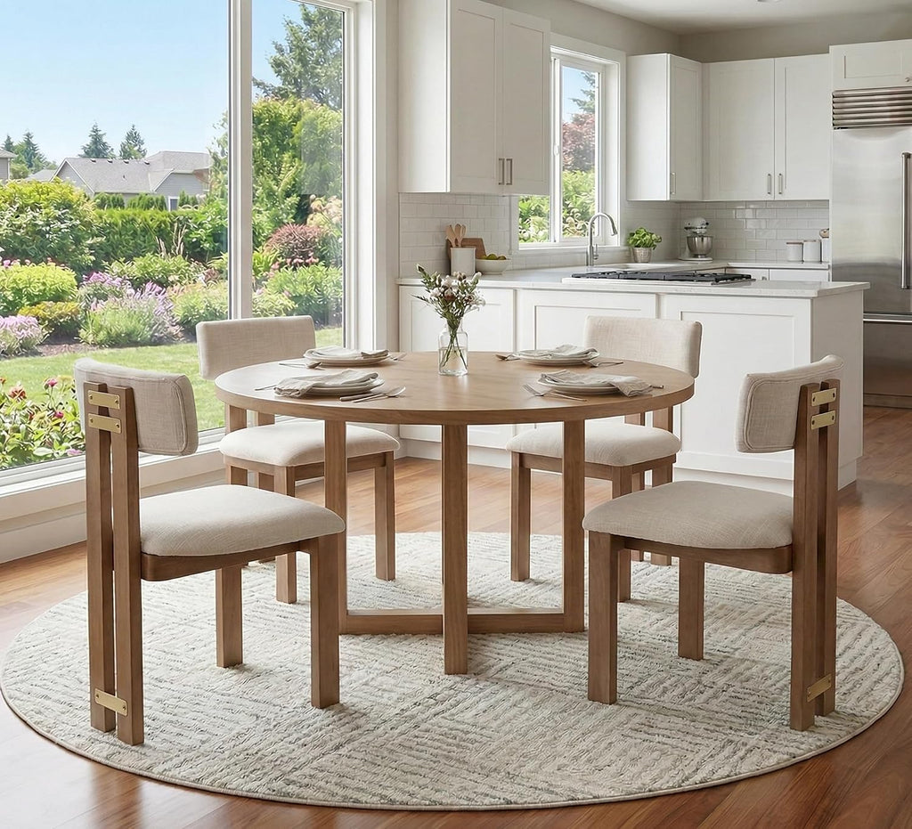 BESTANO Linen Wooden Dining Chairs Set of 4, Modern Farmhouse Dining Room Kitchen Chairs with Curved Backrest Natural Wood Legs, Armless Dining Chairs, Beige