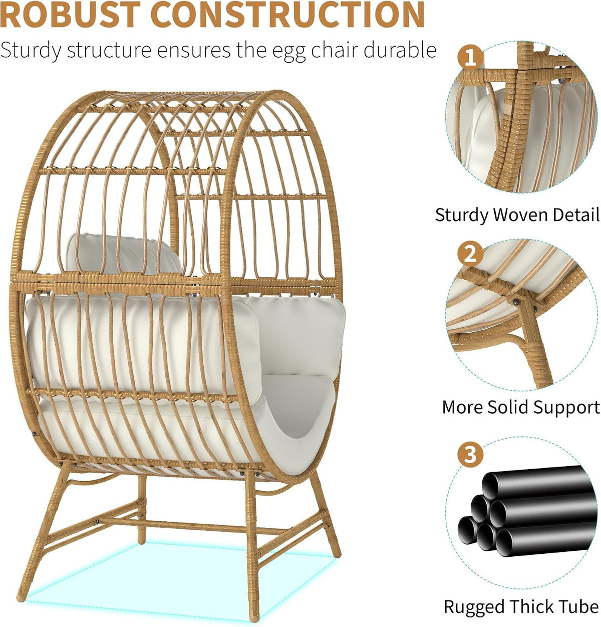 Fancyango Egg Chair Outdoor Indoor, Oversized Rattan Chair with Thicken Cushion, 350LBS Capacity Wicker Patio Lounge Chair, Basket Chair for Living Room Balcony Porch Backyard, Beige