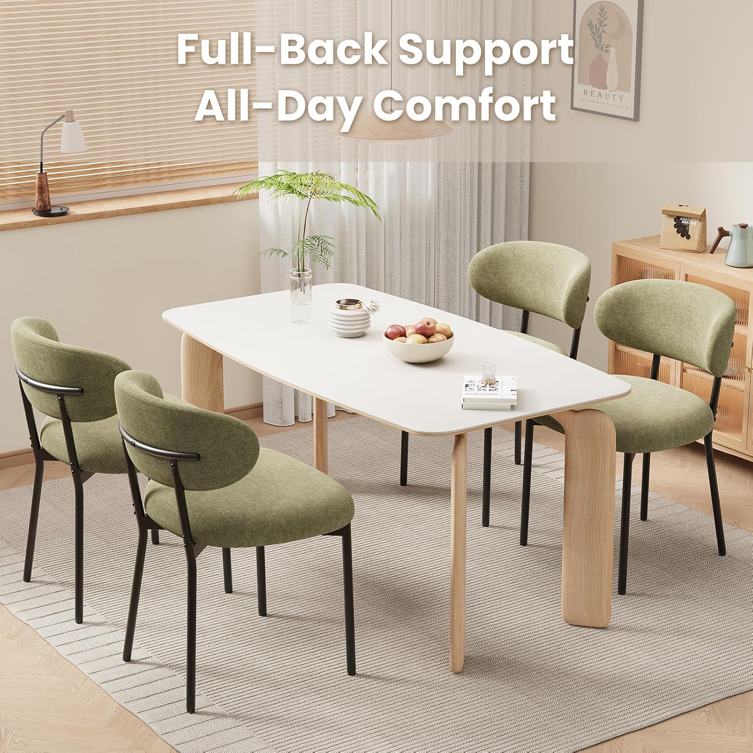 Upholstered Dining Chairs Set of 6, Modern Fabric Kitchen Chairs with Curved Backrest and Cushioned Seat, Sturdy Metal Legs, Modern Dining Chairs for Kitchen Dining Room, Living Room,Green