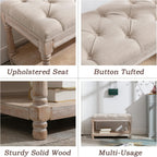 Farmhouse Storage Bench Wooden Entryway Linen Upholstered Ottoman Button Tufted Bench for Bedroom End of Bed Hallway Organizer, Beige, 32 Inch