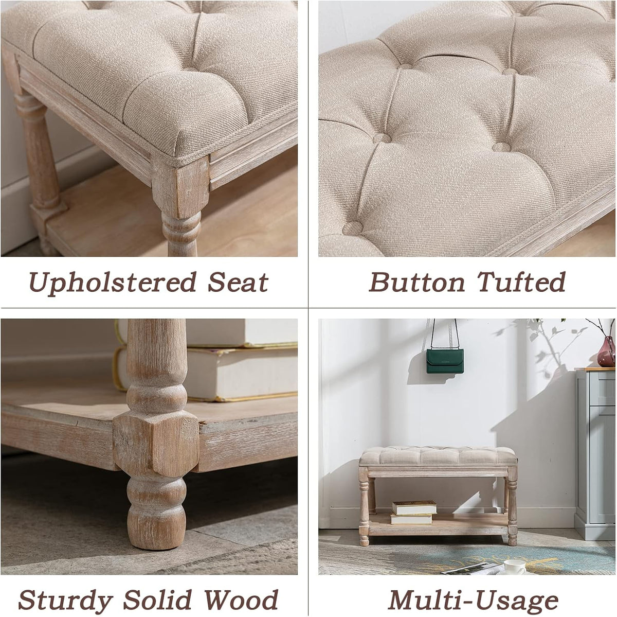 Farmhouse Storage Bench Wooden Entryway Linen Upholstered Ottoman Button Tufted Bench for Bedroom End of Bed Hallway Organizer, Beige, 32 Inch