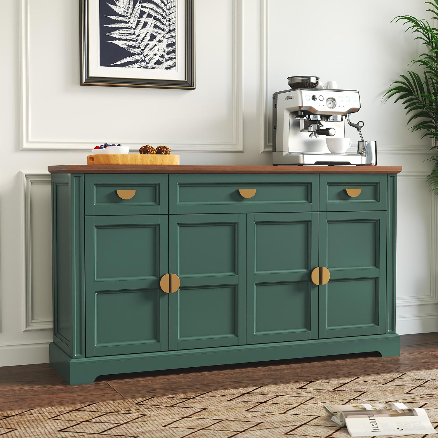 HLR 60” Large Buffet Sideboard Cabinet with 4 Doors and 3 Drawers Shaker Style, Coffee Bar Storage Cabinet for Dinning Room, Kitchen, Living Room, Green