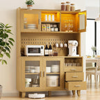 71" Tall Kitchen Pantry Cabinet with Remote LED Light & Charging Station, Farmhouse Freestanding Kitchen Storage Hutch with 3 Drawers, 6 Pegboard Hooks, Open Countertop and Shelves, Natural