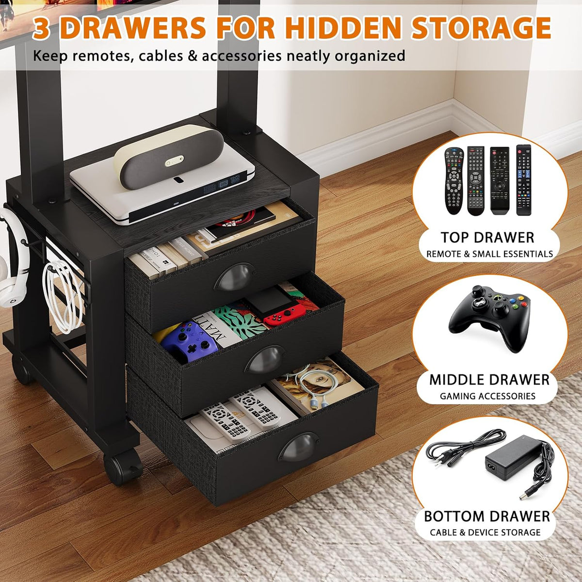 Rolling TV Stand with 3 Drawers for 23-60 Inch TVs with Storage | Hidden Storage, Height Adjustable Tilt Mount, Lockable Wheels, Dual Steel Frame, VESA Compatible for Bedroom & Living Room