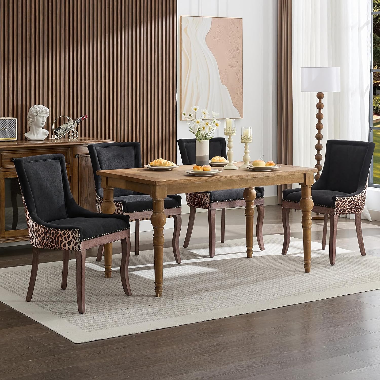 Leopard Upholstered Dining Chairs Set of 6, Animal Print Fabric Kitchen & Dining Room Chairs with Nailhead Trim, Black Leopard Pattern High Back Kitchen Chairs, Solid Wood Legs, Sillas de Comedor