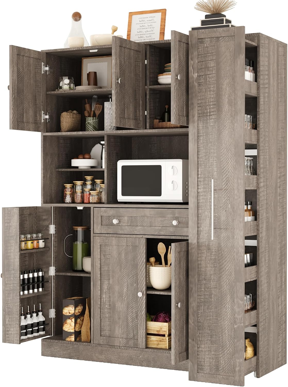 roomfitters Large Kitchen Pantry Cabinet with Pull-Out Side Storage and Hutch, Shaker Style Buffet, Brown