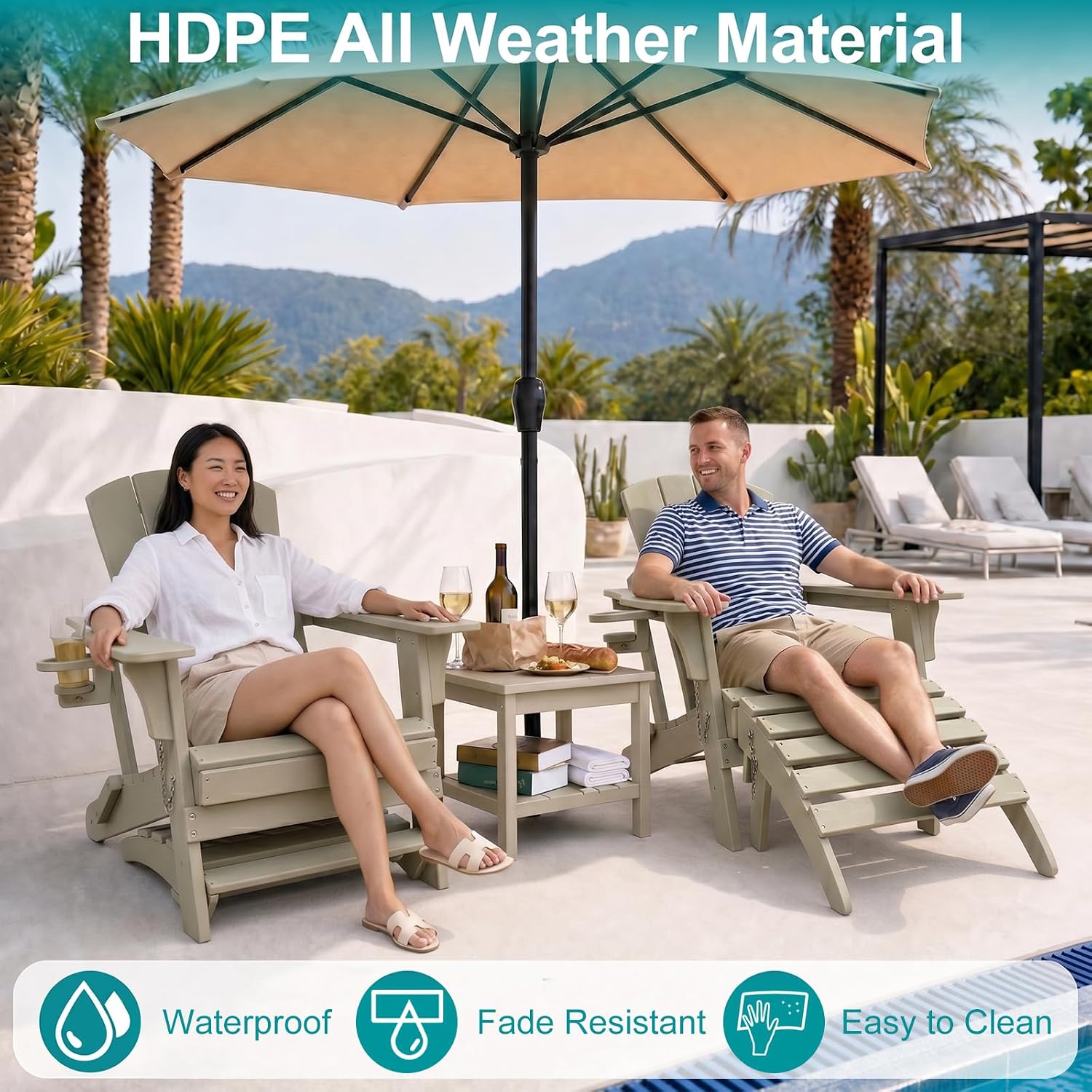 Folding Adirondack Ottoman Set of 2, HDPE All Weather Adirondack Chair Footrest, No Assembly Outdoor Footstool, Foldable Patio Ottoman for Poolside Backyard Porch Lawn, 19.5 Inch Wide, Sand
