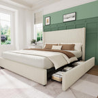 GarveeHome King Beige Storage Bed Frame, Corduroy Upholstered Platform Bedframe with 4 Drawers and Headboard, No Box Spring Needed, Easy Assembly