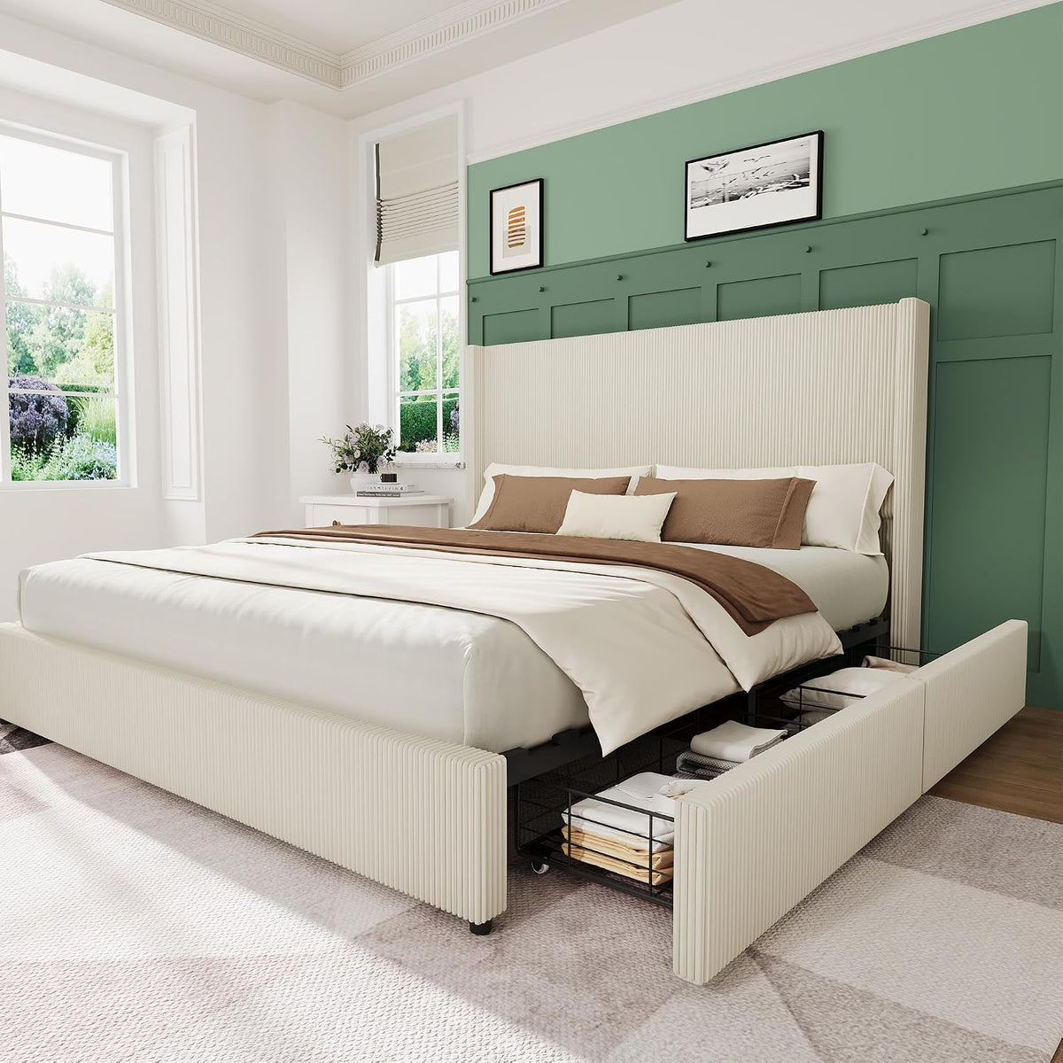 GarveeHome King Beige Storage Bed Frame, Corduroy Upholstered Platform Bedframe with 4 Drawers and Headboard, No Box Spring Needed, Easy Assembly