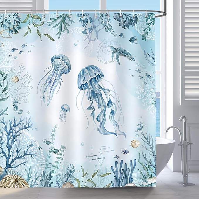 Bonhause Jellyfish Shower Curtain, Teal Blue Ocean Turtle Coastal Beach Bathroom Curtain 72x72 Inch Polyester Fabric Waterproof Bath Curtain with 12 Hooks