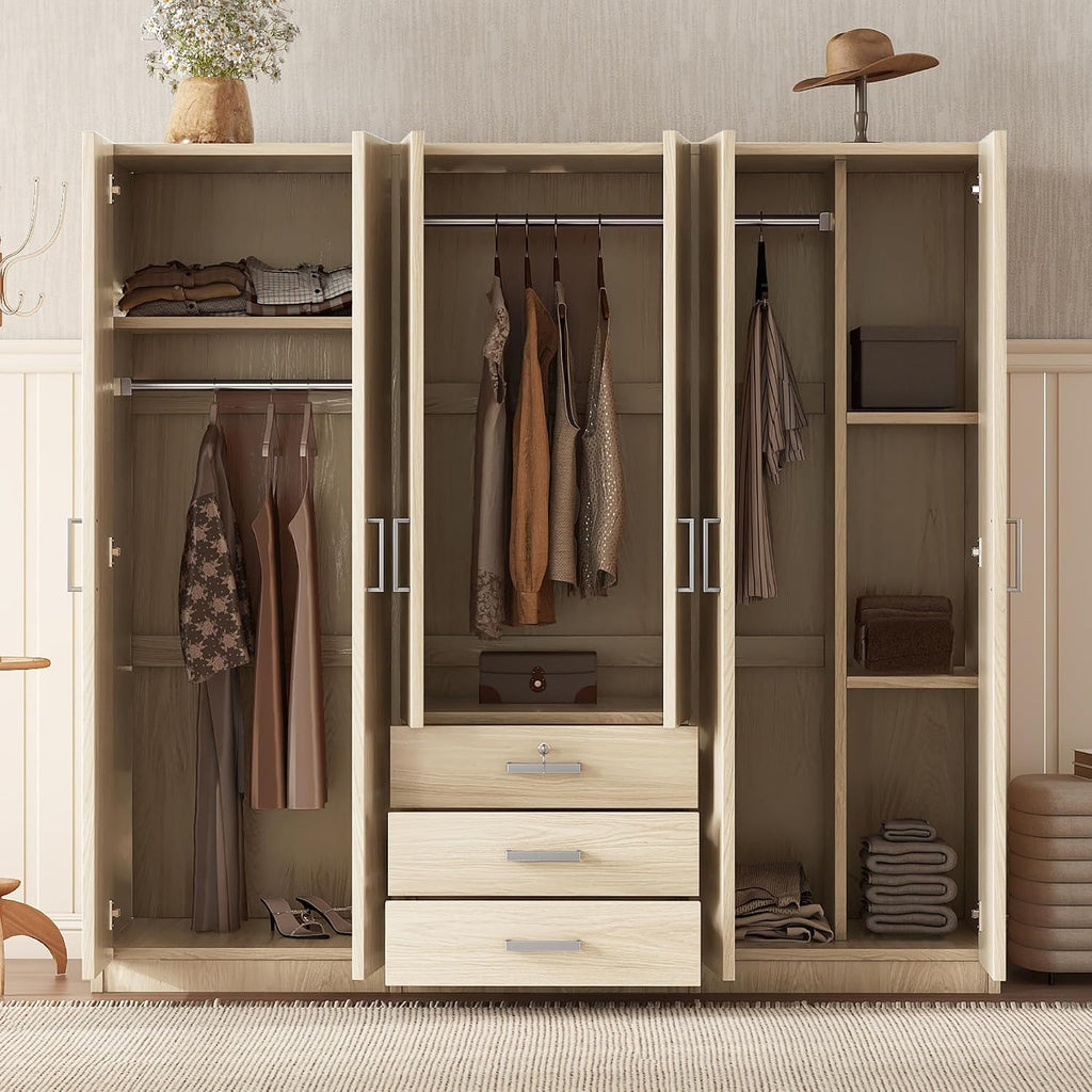 Merax Large 6 Doors Wooden Wardrobe, Bedroom Tall Armoire Closet Organizer with Big Drawers, Hanging Rails and Shelves, Clothes Storage Cabinet for Garage & Laundry Room, Natural