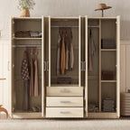 Merax Large 6 Doors Wooden Wardrobe, Bedroom Tall Armoire Closet Organizer with Big Drawers, Hanging Rails and Shelves, Clothes Storage Cabinet for Garage & Laundry Room, Natural