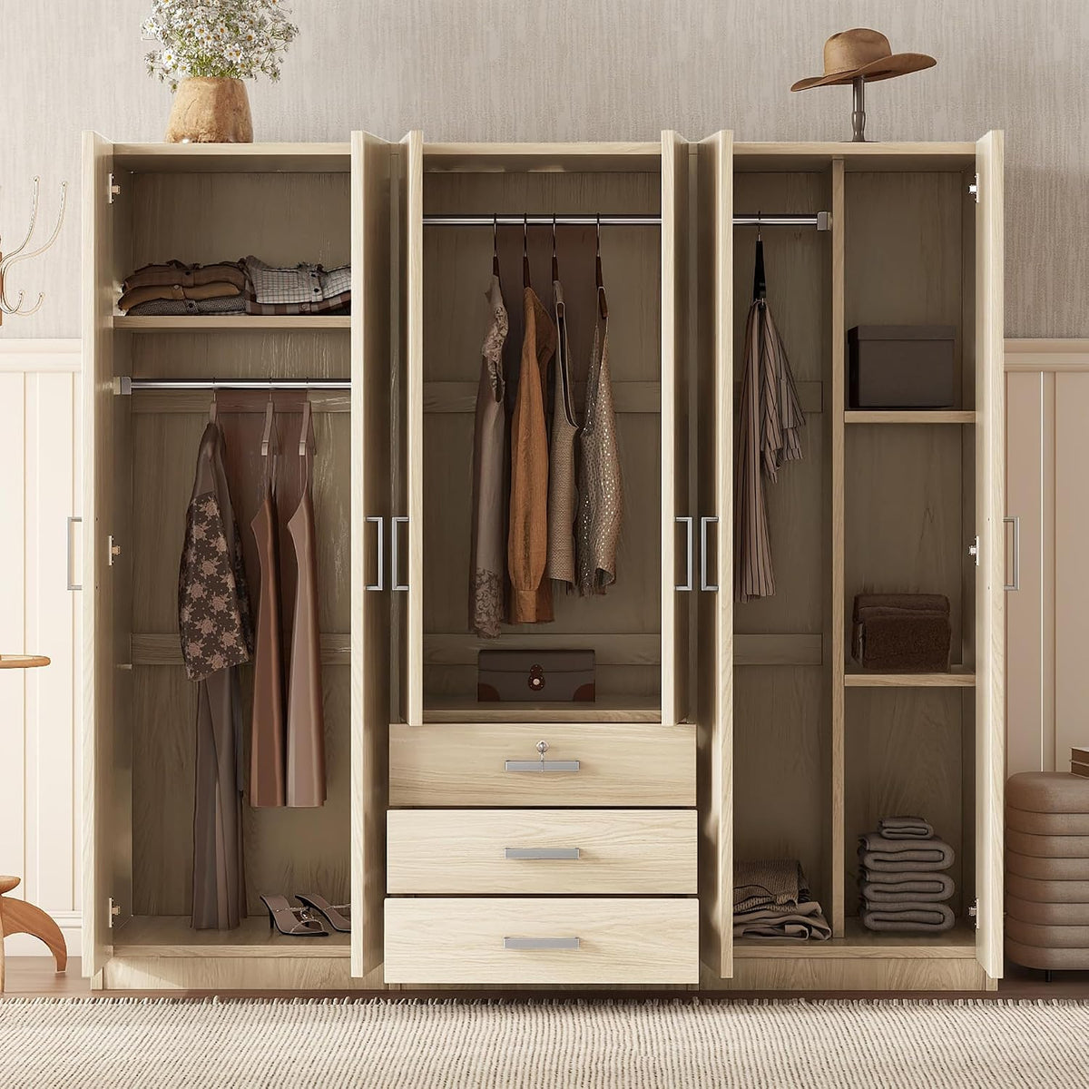 Merax Large 6 Doors Wooden Wardrobe, Bedroom Tall Armoire Closet Organizer with Big Drawers, Hanging Rails and Shelves, Clothes Storage Cabinet for Garage & Laundry Room, Natural