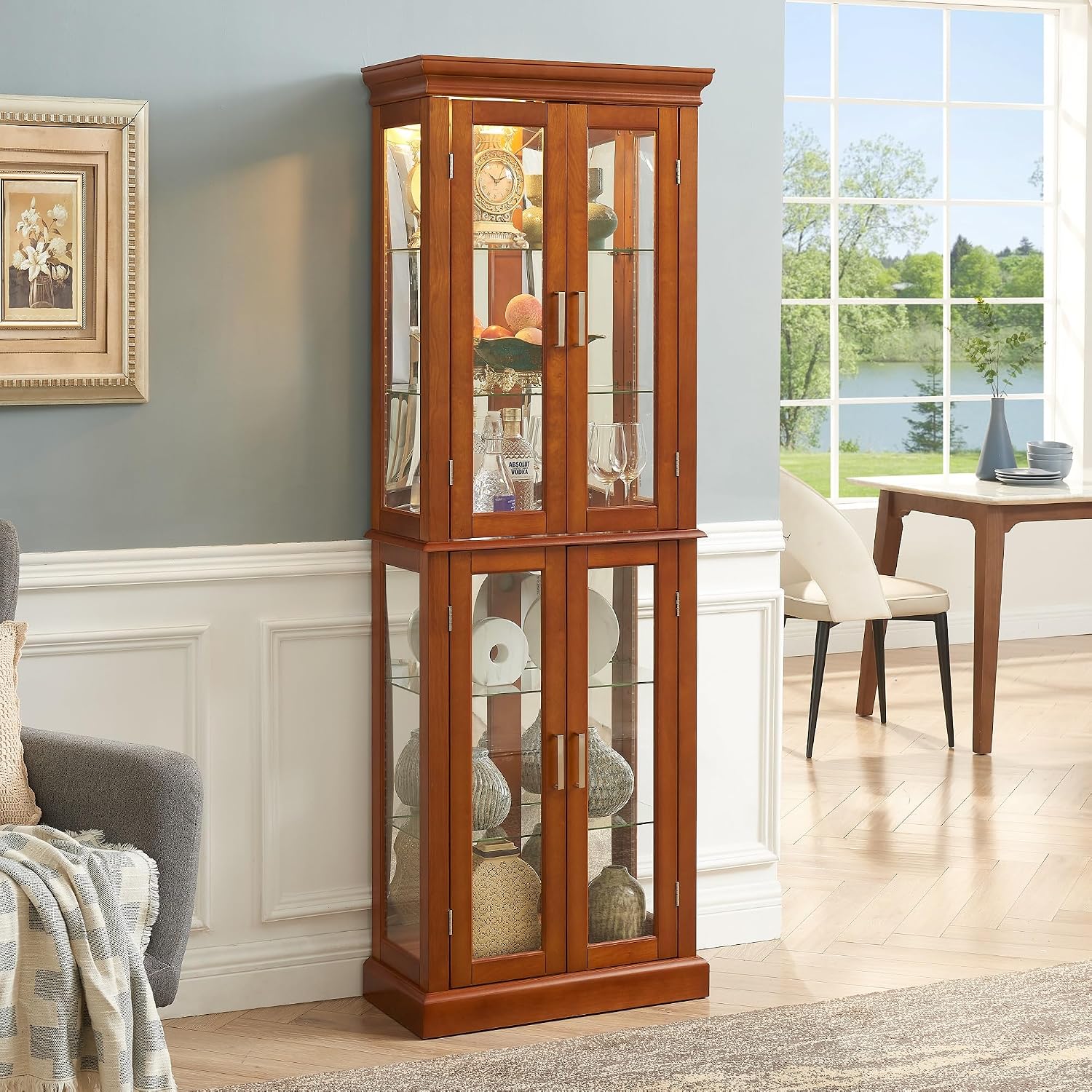 Lighted Curio Cabinet with Tempered Glass Doors, 6 Tiers Curio Diapaly Cabinet with Adjustable Shelves and Mirrored Back Panel, Floor Standing Glass Display Cabinet for Home No Bulb (Walnut)