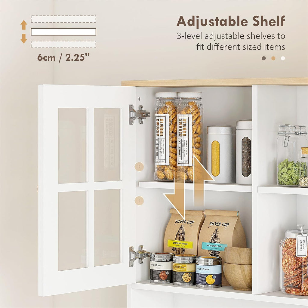 HOMCOM Kitchen Pantry Storage Cabinet 72" with Hutch, White | Large Countertop, Freestanding, Glass Doors, Adjustable Shelves, Dining Room