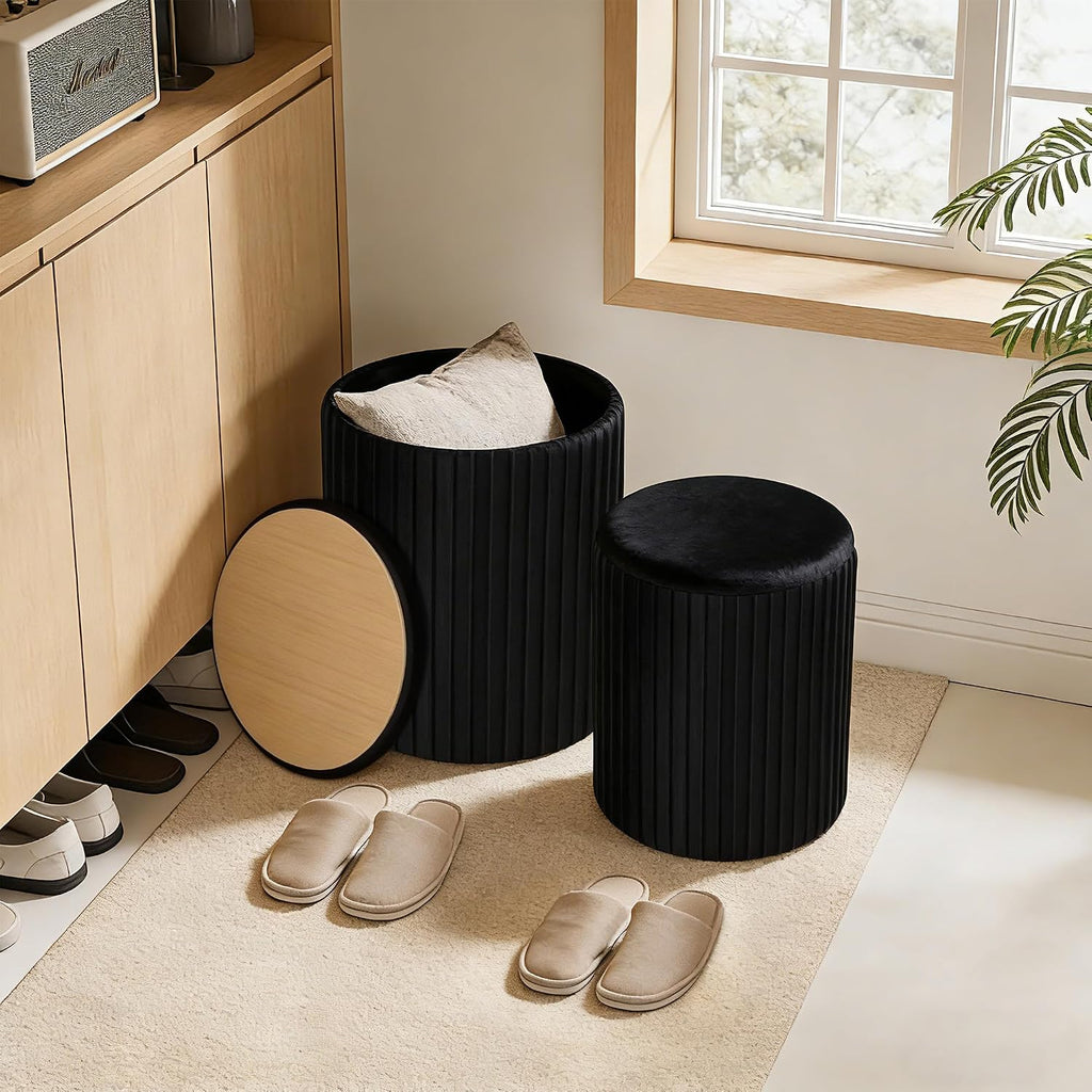 DUMOS Round Ottomans with Storage Set of 2, Vanity Stool, Foot Stool | 14.57"D x 18.11"H and 12.60"D x 14.96"H, Velvet Sturdy Ottoman for Living Room, Bedroom, Dorm, Small Apartment, Black