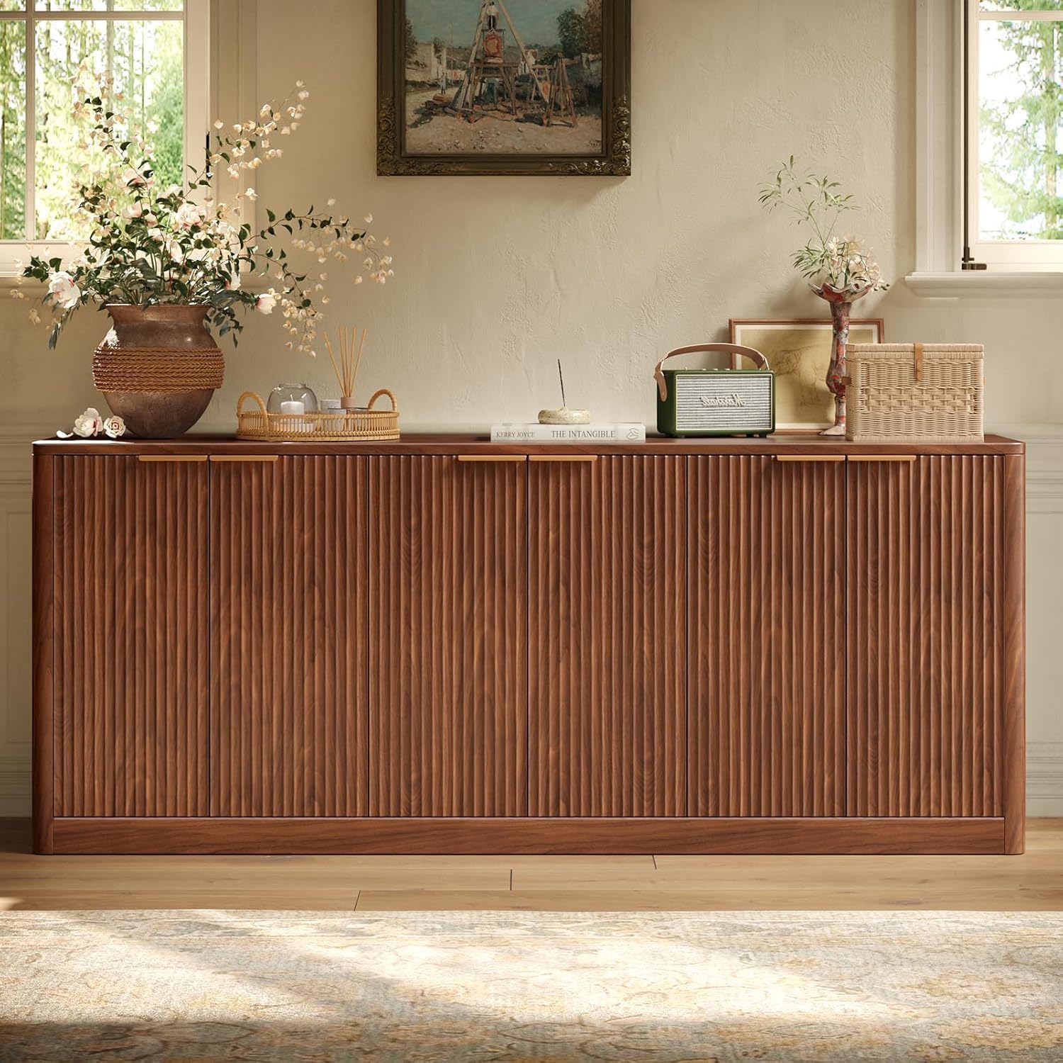 Evermagin 67" Fluted Walnut Buffet Cabinet with Storage