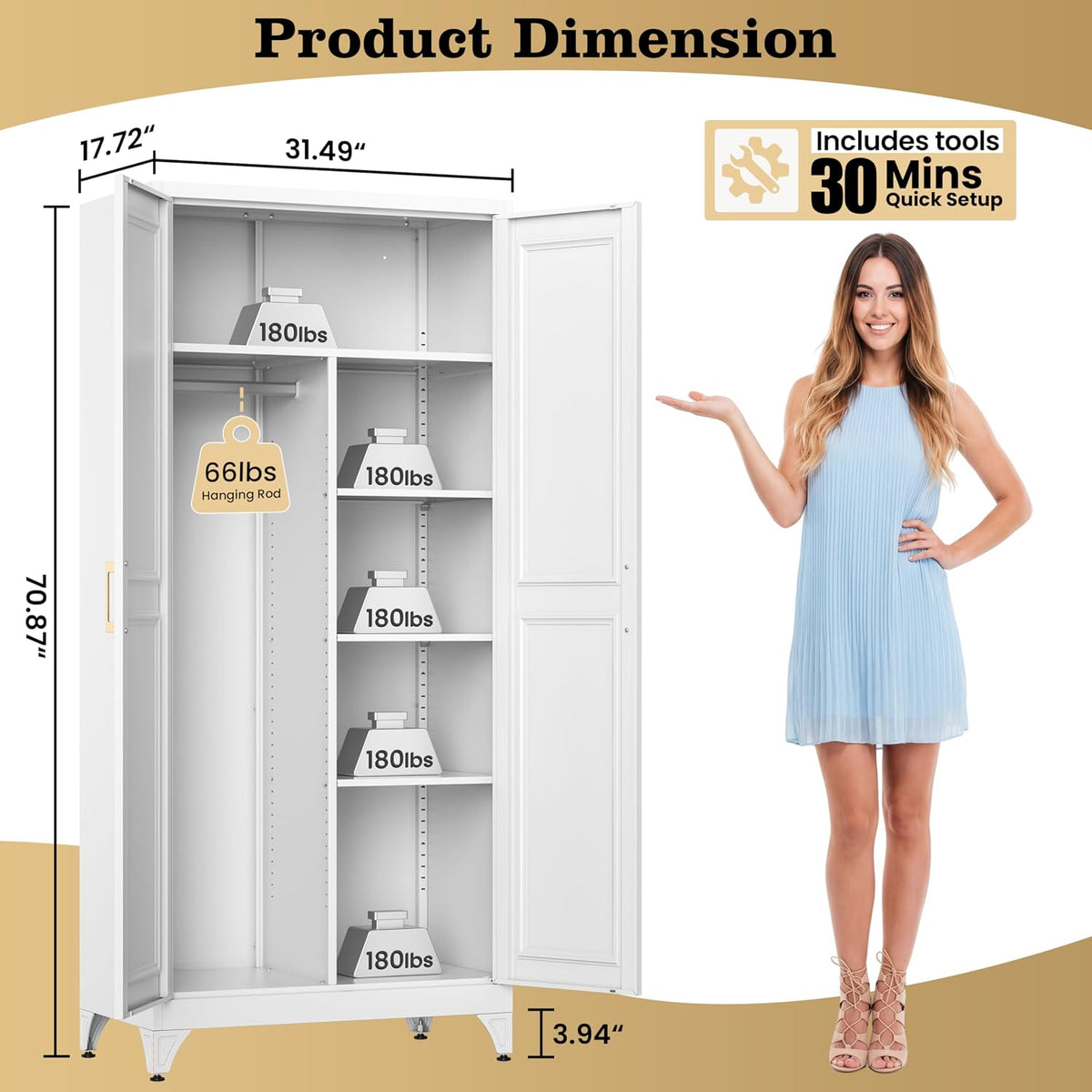71" Metal Storage Cabinet with Hanging Rod, Tall White Wardrobe Closet with 3 Adjustable Shelves, Heavy Duty Steel Office Armoire, Modern Minimalist Design for Bedroom, Laundry Room