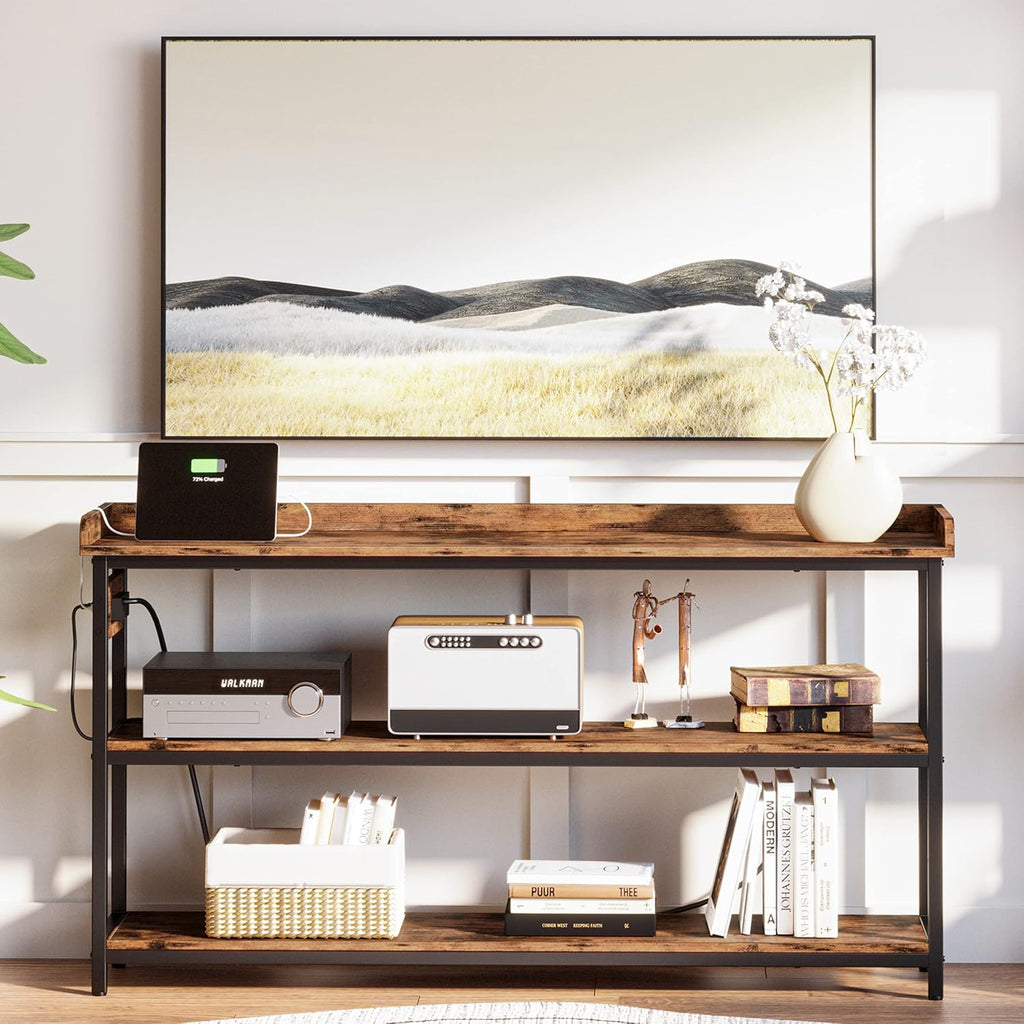 IRONCK Console Table with Power Outlet, One Piece Top, Sofa Table 55" | Entryway Table with Storage, Narrow Hallway Table for Entryway, Living Room, Foyer, Height Adjustable, Easy Assembly