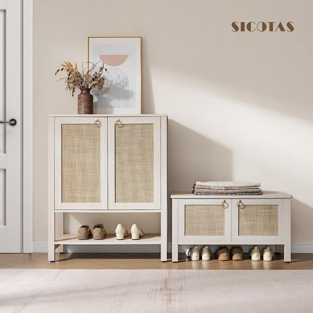 SICOTAS Rattan Shoe Rack Bench with Lift Top Storage: White Farmhouse Boho Shoe Cabinet Entryway Bench with Safety Hinges, Wooden Storage Chest for Bedroom, Entryway, Hallway, Living Room