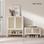 SICOTAS Rattan Shoe Rack Bench with Lift Top Storage: White Farmhouse Boho Shoe Cabinet Entryway Bench with Safety Hinges, Wooden Storage Chest for Bedroom, Entryway, Hallway, Living Room