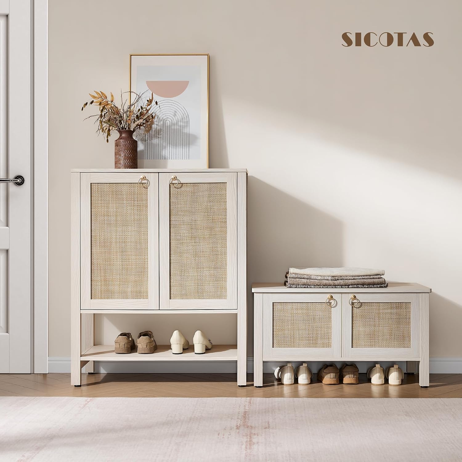 SICOTAS Rattan Shoe Rack Bench with Lift Top Storage: White Farmhouse Boho Shoe Cabinet Entryway Bench with Safety Hinges, Wooden Storage Chest for Bedroom, Entryway, Hallway, Living Room