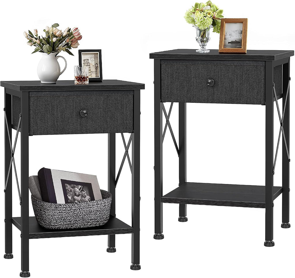 VECELO Nightstand Set of 2, X-Design End Side Table with Fabric Storage Drawer and Open Shelf, Bedside Night Stand with Steel Frame for Bedroom, Living Room,Dorm, Easy Assembly, Black