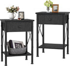 VECELO Nightstand Set of 2, X-Design End Side Table with Fabric Storage Drawer and Open Shelf, Bedside Night Stand with Steel Frame for Bedroom, Living Room,Dorm, Easy Assembly, Black