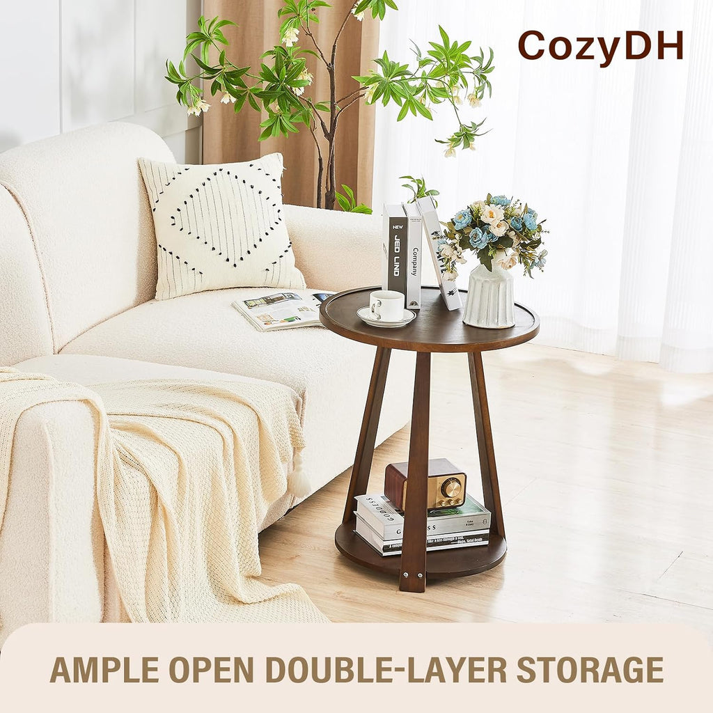 Round Living Room End Table - Walnut Solid Wood Round Side Table with Lower Shelf for Living Room Couch, Bedroom Nightstand