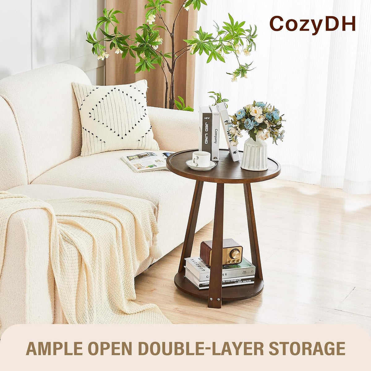 Round Living Room End Table - Walnut Solid Wood Round Side Table with Lower Shelf for Living Room Couch, Bedroom Nightstand