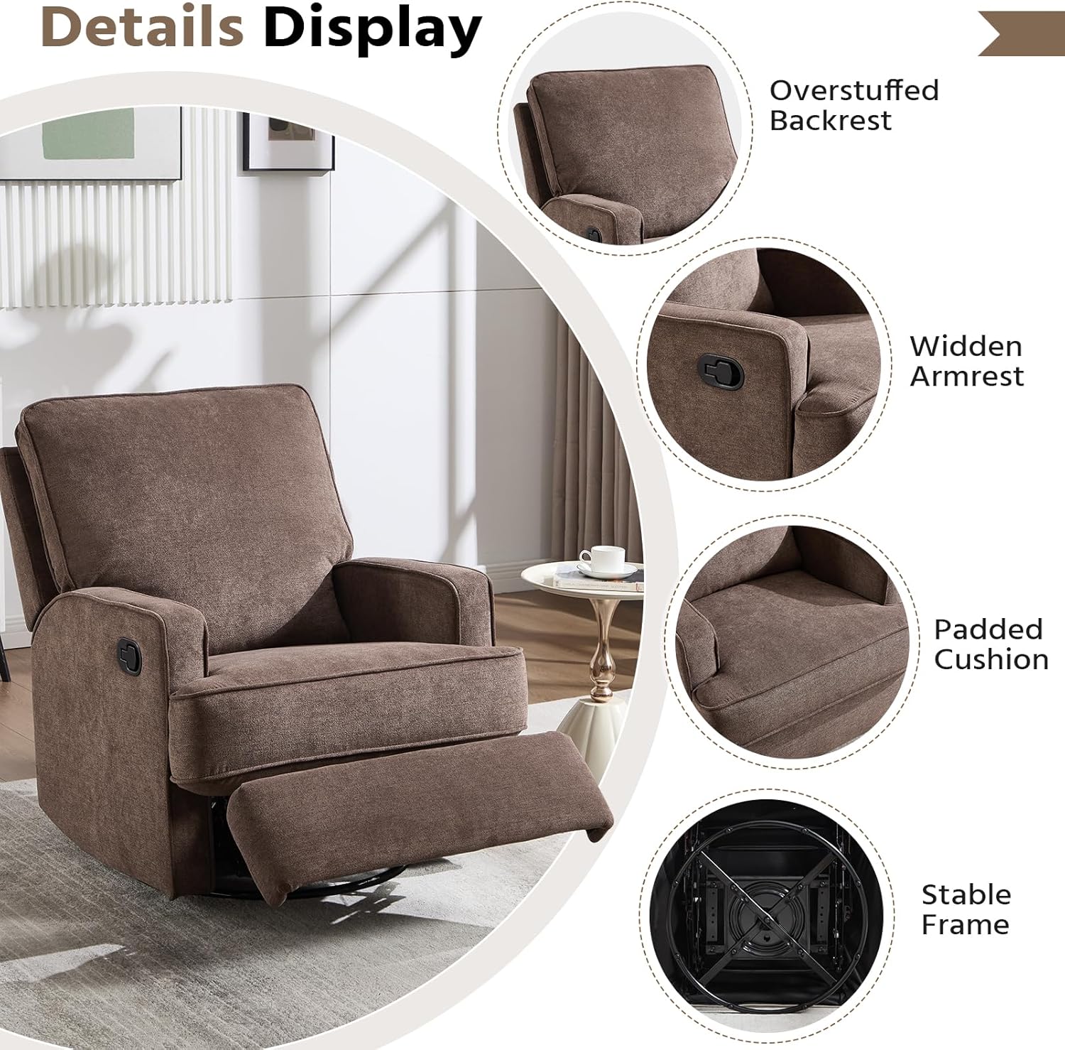ANJ 360° Swivel Rocker Recliner Chair for Adults, Classic Manual Glider Recliners with Overstuffed Backrest, Upholstered Rocking Reclining Sofa Chair for Living Room, Brown