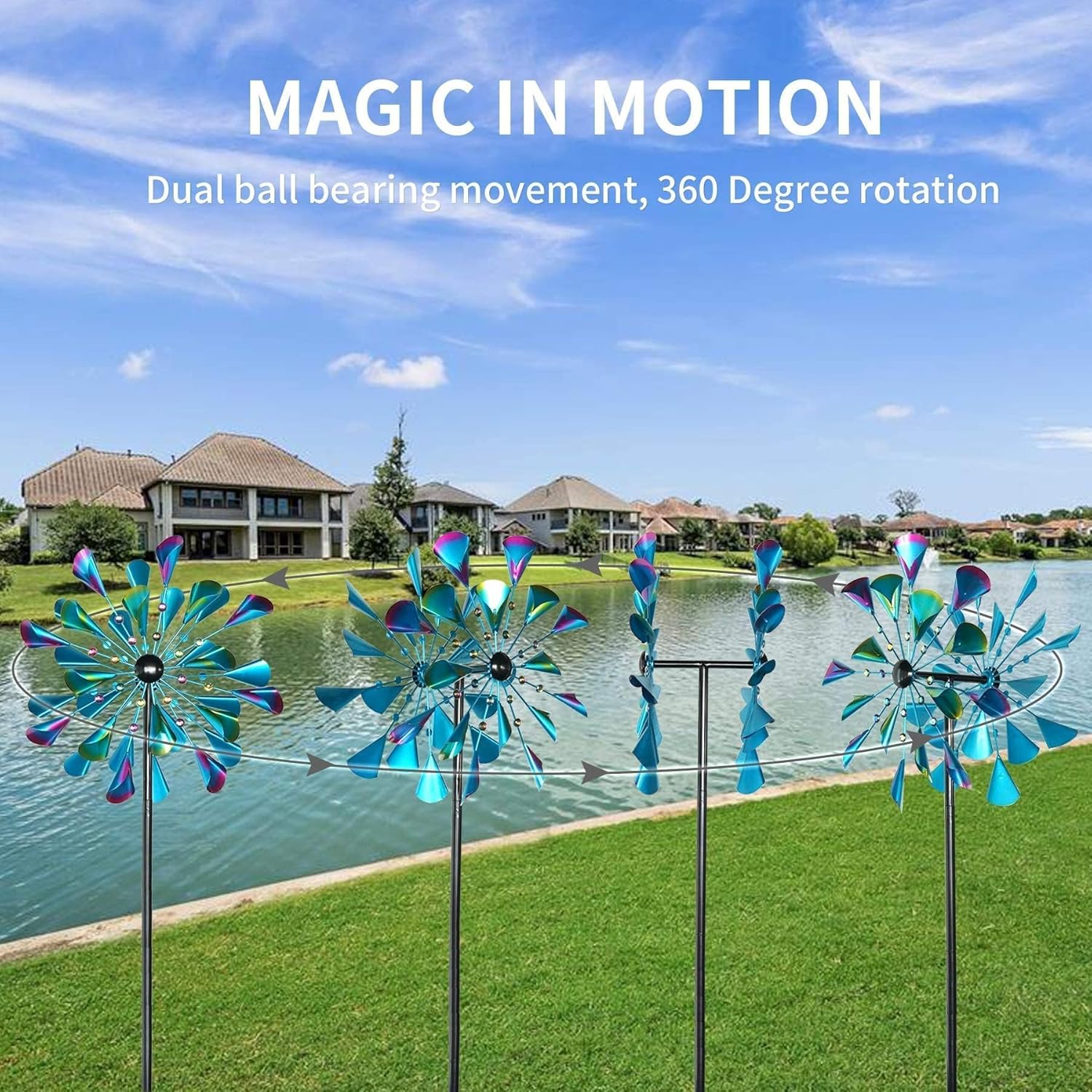 DECOROCA Kinetic Wind Spinners Outdoor - Large Metal Wind Sculptures & Spinners for Yard Patio Lawn Garden Decorations, Windmill Outdoor Clearance with Stable Metal Stake(Peacock-Blue)