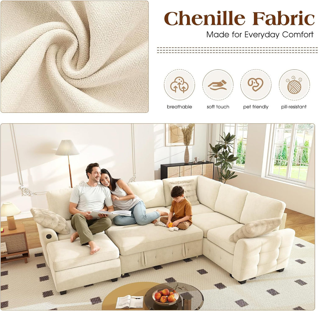 Ihanherry 106-inch Large L-Shaped Sectional Sofa Bed, 7-Seater Convertible Pull Out Sleeper with Storage Ottoman, 4 Pillows & USB Charging Ports, Premium Chenille Fabric for Big Living Room（Beige）